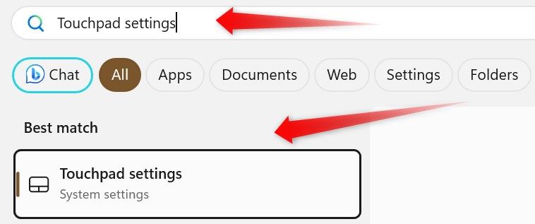 Opening the touchpad settings from Windows Search.