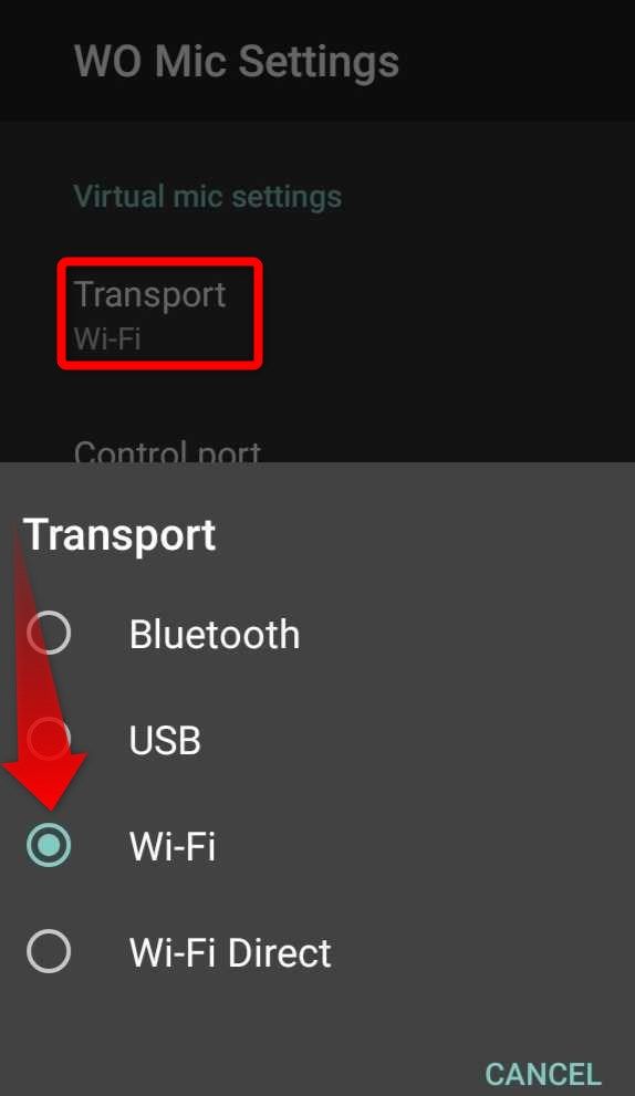 Selecting the Wi-Fi from transport options in the WO Mic Android app.