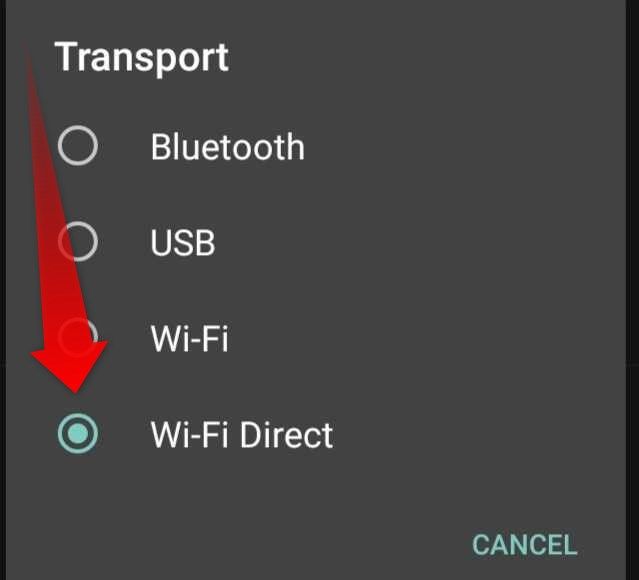 Selecting the Wi-Fi Direct option from the transport options in the WO Mic Android app.