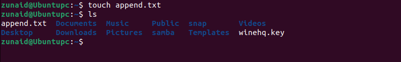 Linux terminal display the touch command to create an empty text file