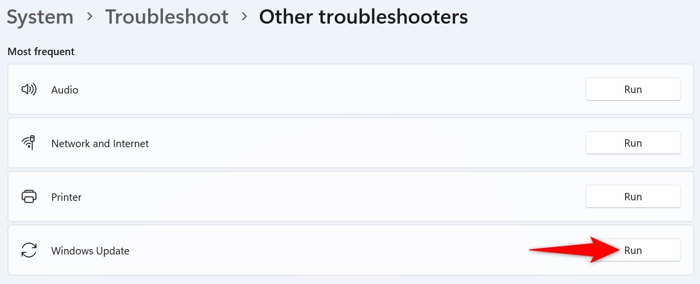 'Run' highlighted for 'Windows Update' troubleshooter in Windows 11 Settings.