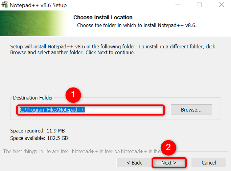 The installation path and 'Next' highlighted in Notepad++'s installation wizard.