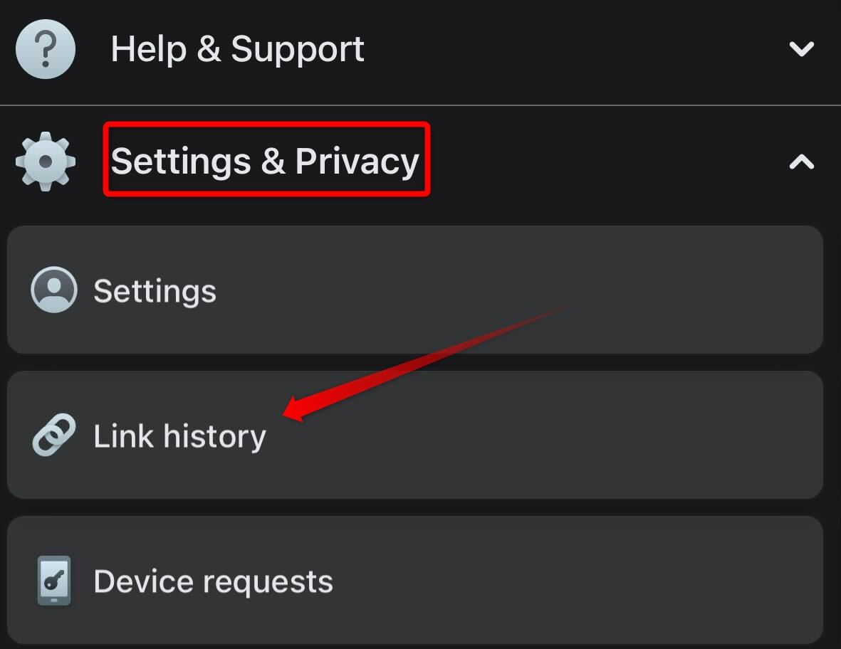Opening the 'Link History' on Facebook.