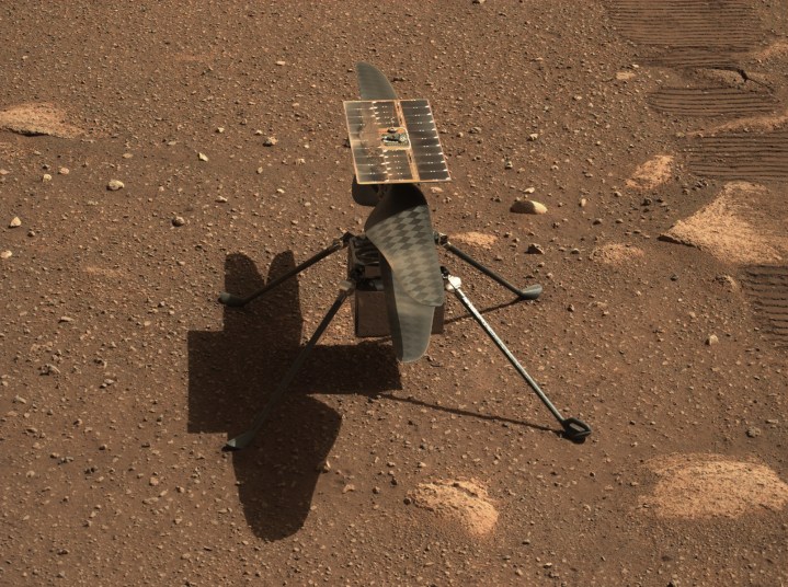 NASA’s Ingenuity Mars helicopter is seen in a close-up taken by Mastcam-Z, a pair of zoomable cameras aboard the Perseverance rover. This image was taken on April 5, 2021, the 45th Martian day, or sol, of the mission.