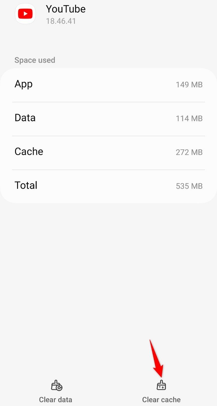 'Clear Cache' highlighted for YouTube in Android Settings.