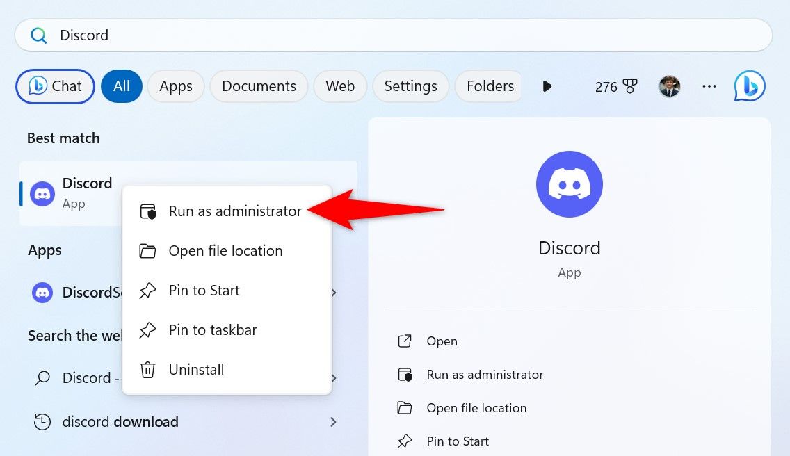 'Run as Administrator' highlighted for Discord in Start Menu.