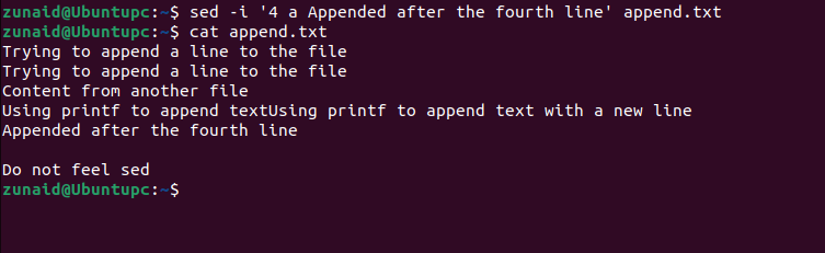 The Linux terminal demonstrating the sed command used to append a text line at a specific position of a file