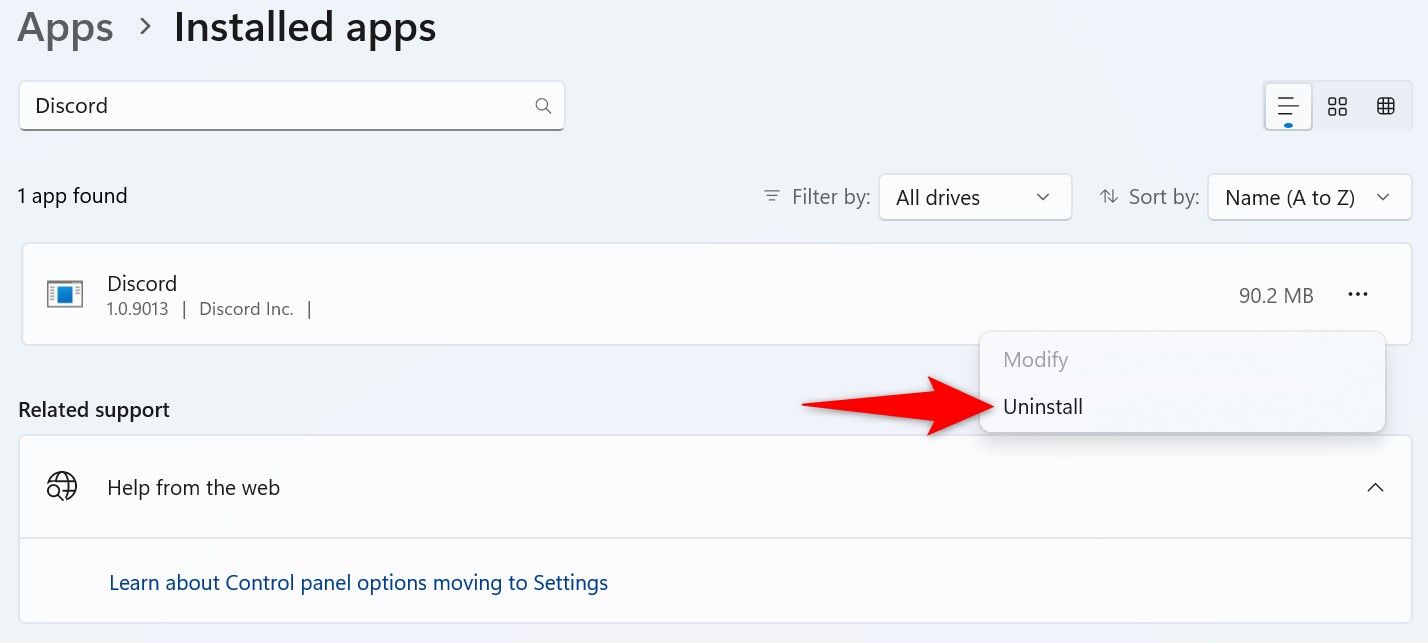 'Uninstall' highlighted for Discord in Windows 11 Settings.