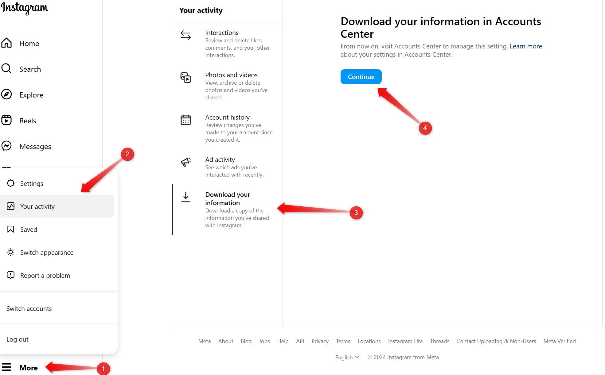 Opening the Meta Action Center to download the Instagram account data.