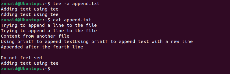 The Linux terminal showing the use of the tee command to append a line to a file