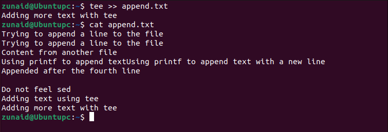 The Linux terminal showcasing the use of the tee command to append a line to a file