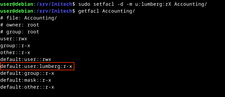 A terminal window showing setfacl command to set permissions, then getfacl to show them.