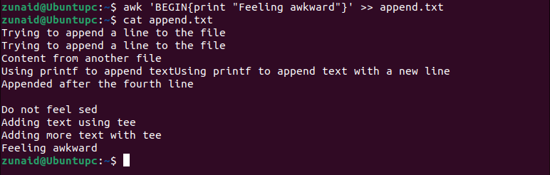 The Linux terminal displaying how to use the awk command to append a line to a file