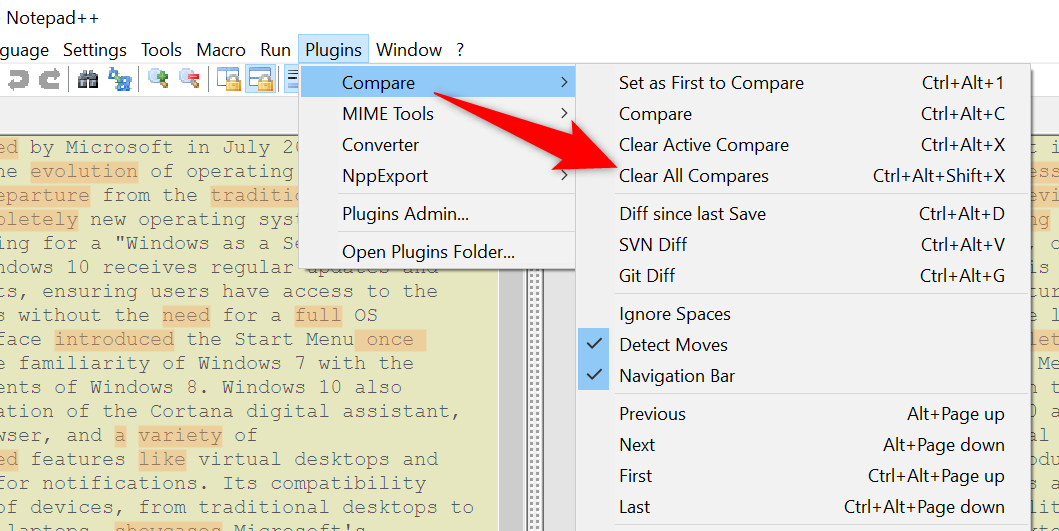 'Clear All Compares' highlighted in Notepad++.