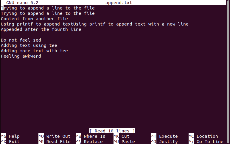 The content of a file called append.txt that was opened in the Nano text editor program