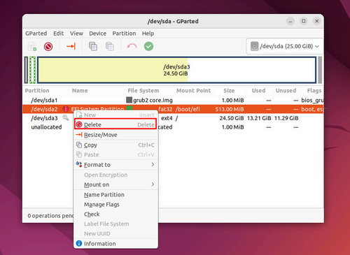 The GParted application showing the process of deleting an unmounted partition on Ubuntu