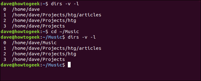 dirs -v -l in a terminal window