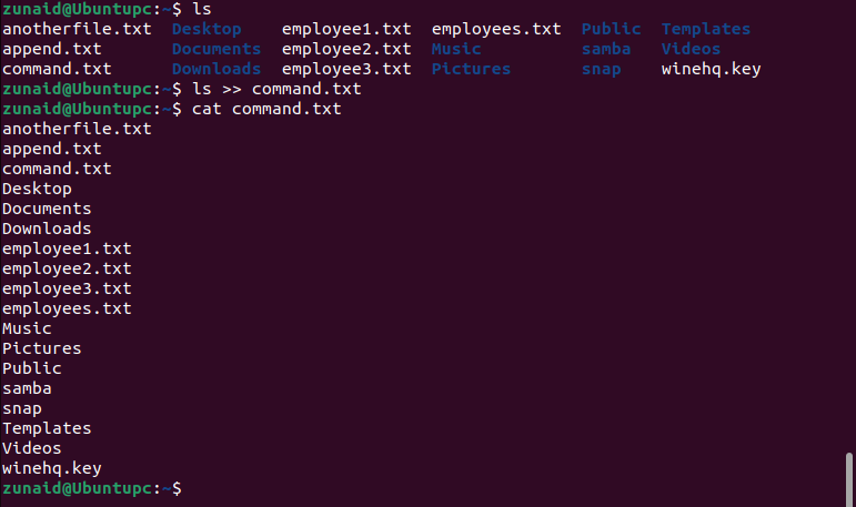 The Linux terminal demonstrating how to save the output of a command to a file using the redirection operators