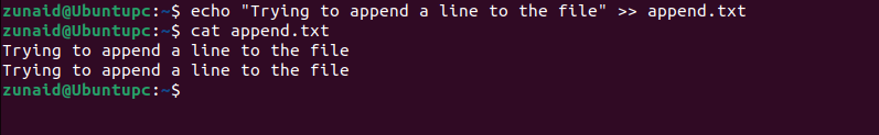 The Linux terminal shows the use of the echo command to append a line to a text file