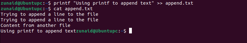 The Linux terminal displaying the use of the printf command to append text to a file