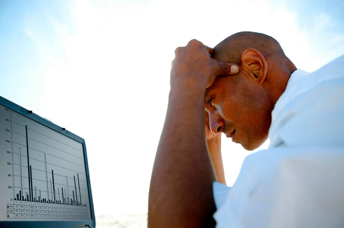 Person looking at charts on screen and clutching head.