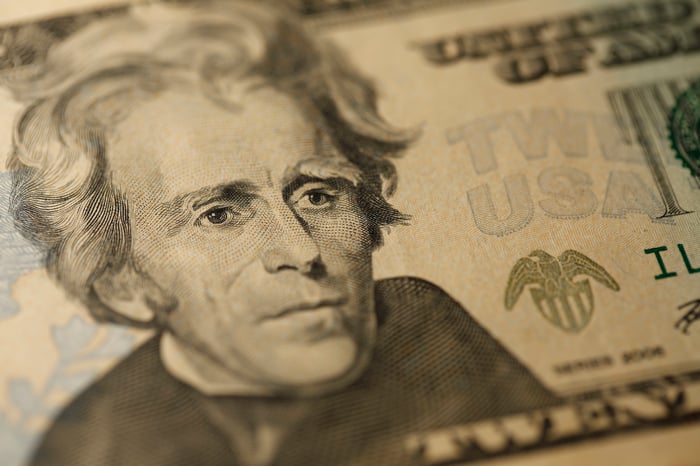 A close-up view of Andrew Jackson's portrait on a $20 bill. 