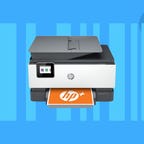 The HP OfficeJet Pro 9015e is displayed against a blue background.