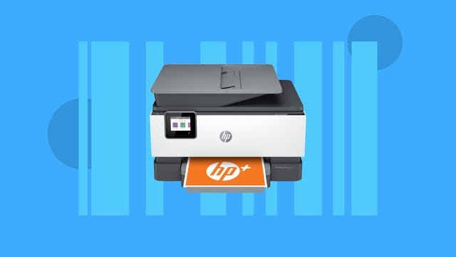 The HP OfficeJet Pro 9015e is displayed against a blue background.