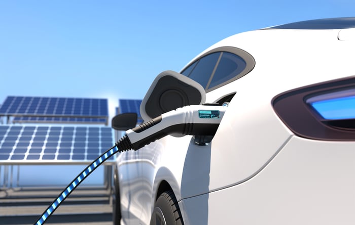 An electric vehicle is plugged in at a charging station.