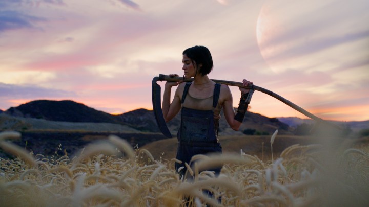 Sofia Boutella strikes a cool pose with a stick against a pretty landscape in a still from Rebel Moon – Part One: A Child of Fire.