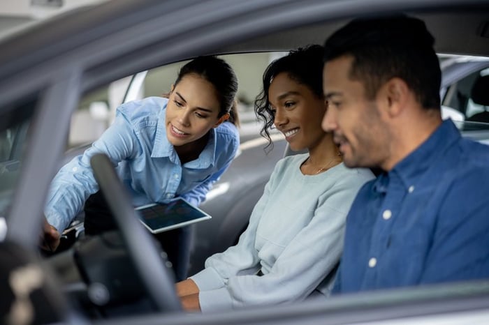 Salesperson showing couple features inside a car.