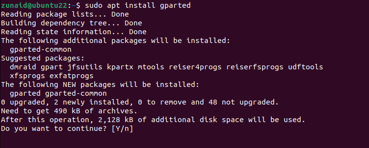 The Linux terminal prompting the user to confirm the installation of GParted on Ubuntu