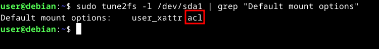 A terminal window showing output of tune2fs command, and acl default mount option circled.