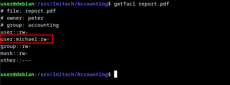 A terminal window showing getfacl command and its output.