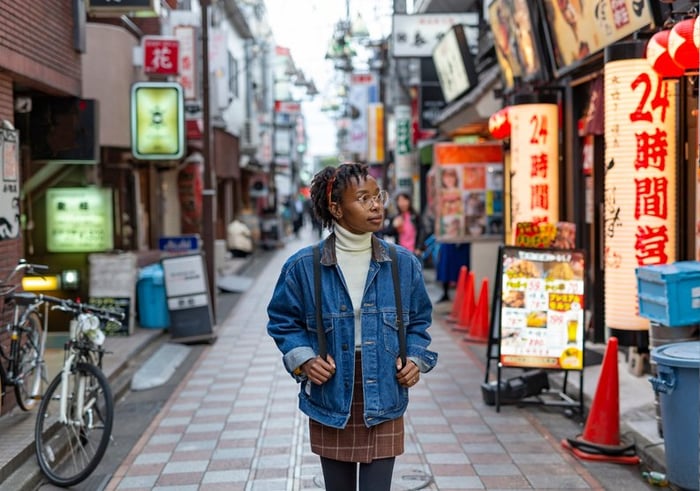 A traveler wearing a backpack and walking down a small street lined with shops and restaurants in Tokyo.