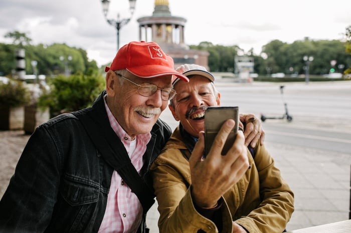 Two adults taking a selfie in the street.