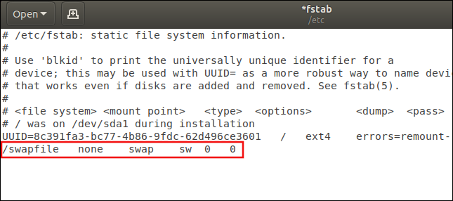 /etc/fstab with the swapfile entry highlighted