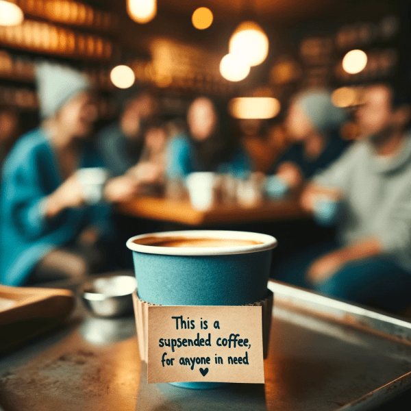 In this AI-generated image, a teal coffee cup full of coffee sits on a barista's tray. On the cup, a post-it note reads, "This is a suspended coffee, for anyone in need. (heart emoji) Behind the cup and out of focus, coffeehouse patrons enjoy coffee and conversation.