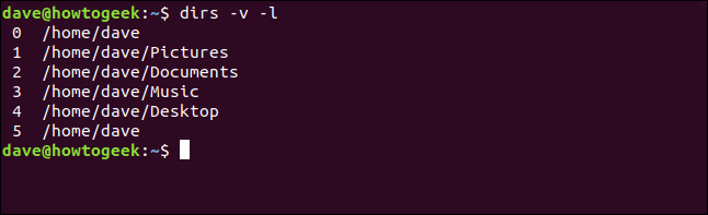 dirs -v -l in a terminal window