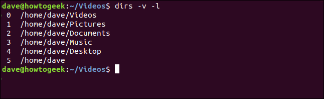 dirs -v -l in a terminal window