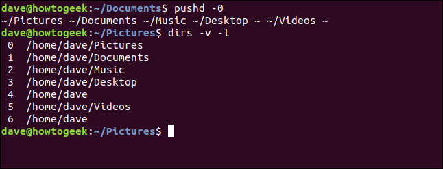 pushd -0 in a terminal window