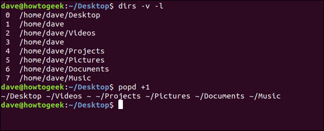 dirs -v -l in a terminal window