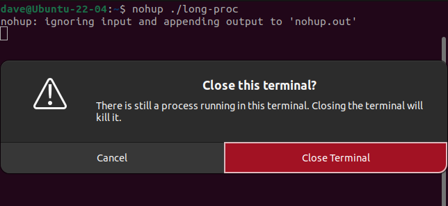 Closing the terminal window with a process running