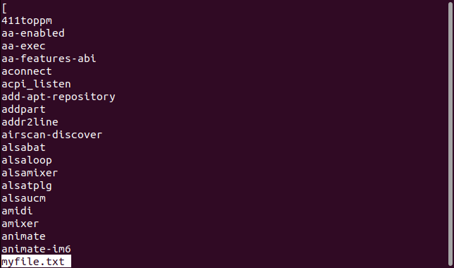 The output of the commands captured in the user-specified file myfile.txt in less