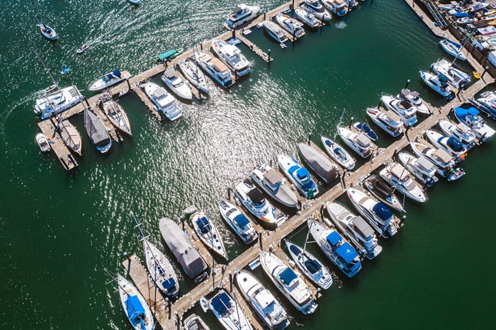 An overhead shot of boats in a marina.