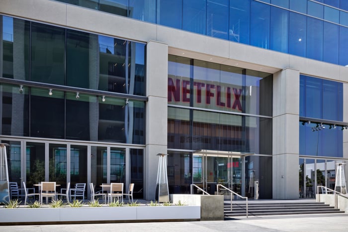 The entrance to Netflix's headquarters building in Los Angeles.