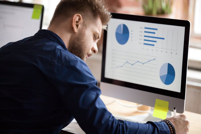 A person writes something down while looking at charts on a computer screen. 