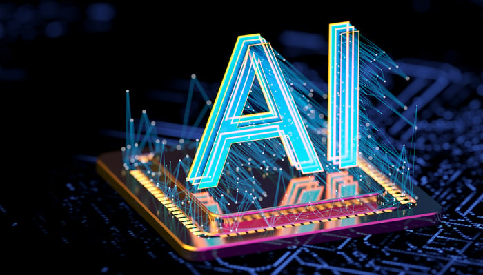 Computer chip with raised letters signifying AI