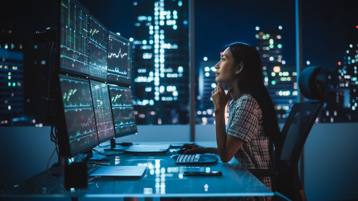 Person looking at stock charts on several monitors