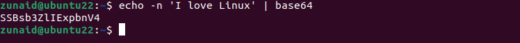 The Linux terminal displaying the process of encoding a string using base64 omitting the newline character